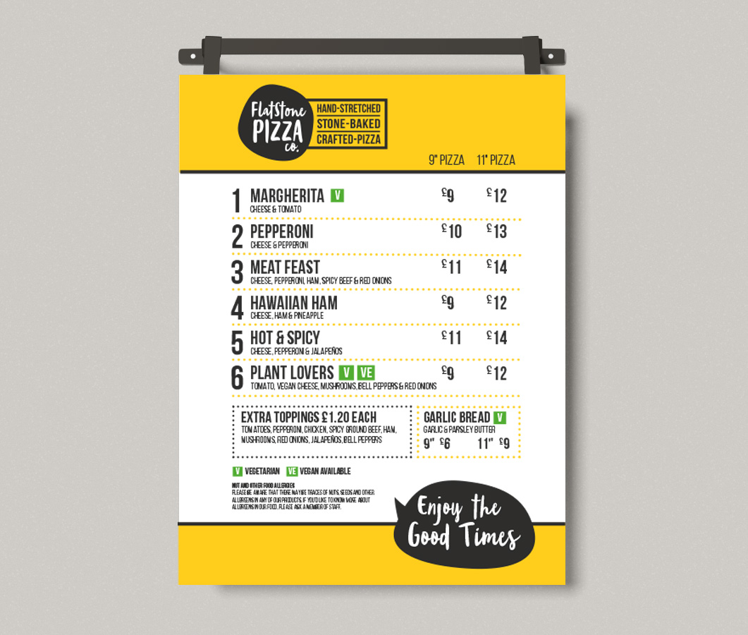FlatStone Pizza Co menu with pizza options and prices