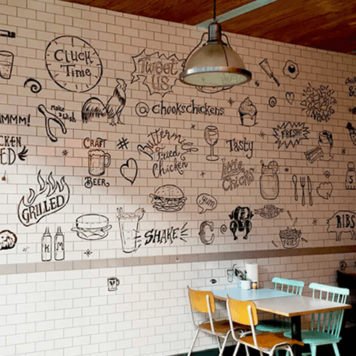 Restaurant wall with food drawings and chicken art