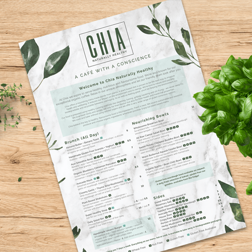 Chia Naturally Healthy café menu on wooden table