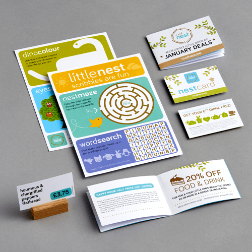 Promotional leaflets and menus for a family restaurant