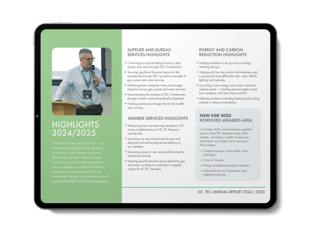 TEC Annual Report 2024/2025 highlights overview on tablet