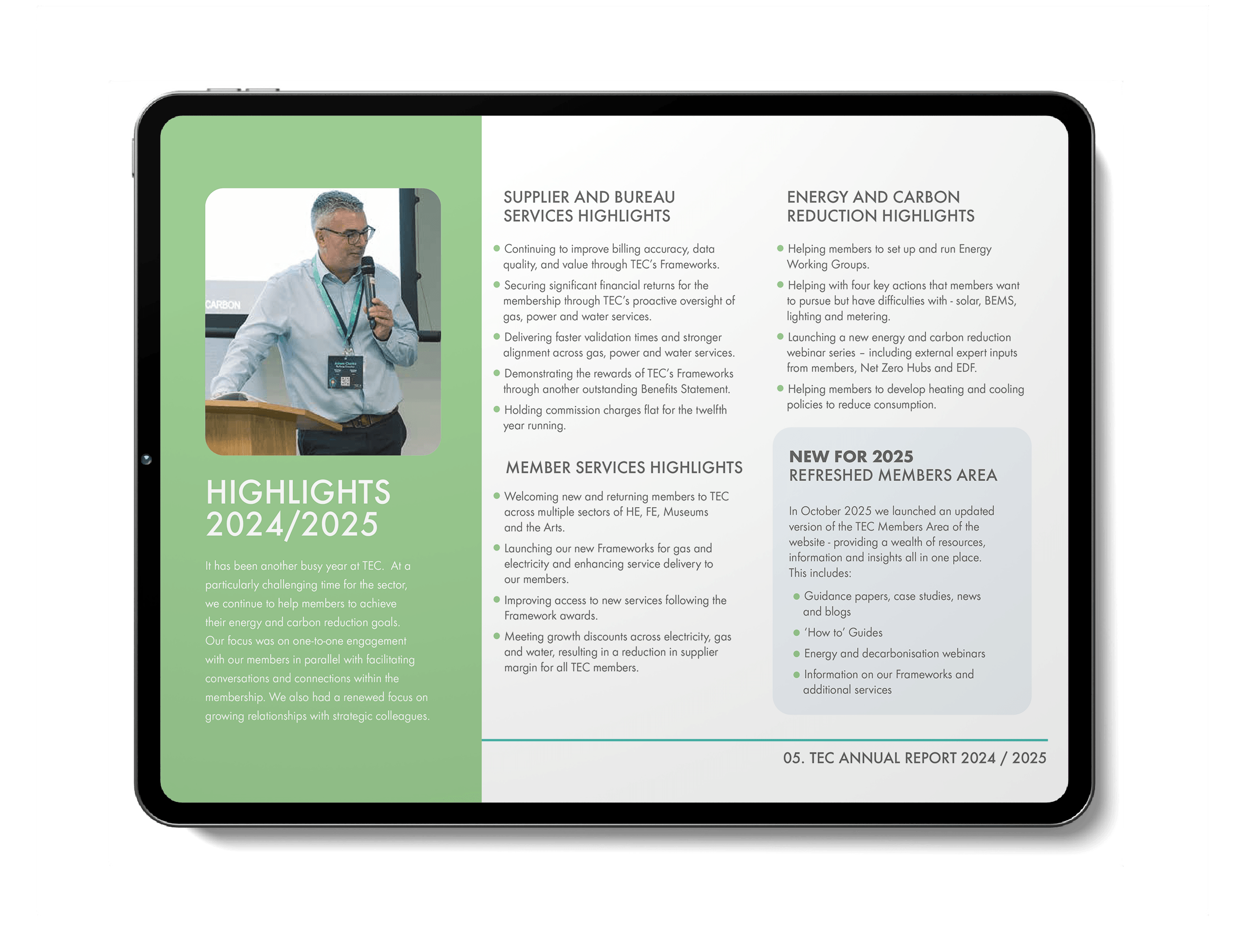 TEC Annual Report 2024/2025 highlights overview on tablet